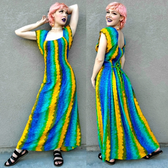 Westside Designs Yellow Green Blue Stripe Maxi Dress Festival Party Bright - Picture 1 of 15